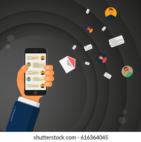 Concept of mobile chat. Hand is holding a smartphone with messenger app. Email, avatars, chat bubbles are flying out phone