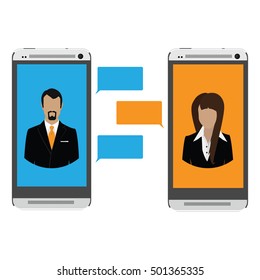 Concept of a mobile chat, social network concept, people on smartphone screen. Flat design illustration.