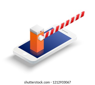 The concept of mobile communication ban. Mobile phone with a barrier on a white background. Vector illustration