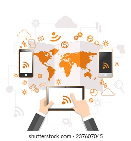 Concept of mobile communication and cloud storage with user hands touching screen of digital tablet with rss connecting with two smartphones