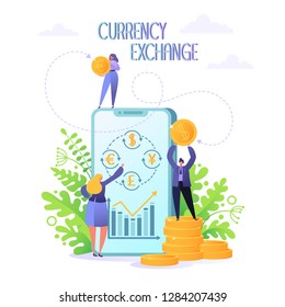 Concept of mobile currency exchange service. Business people changes currency using smartphone. Online banking with people characters and money. Flat, cartoon, trendy, vector illustration.