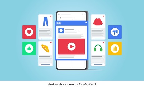 Concept of Mobile e commerce advertising, mobile ads vector banner. Vector illustration with blue background