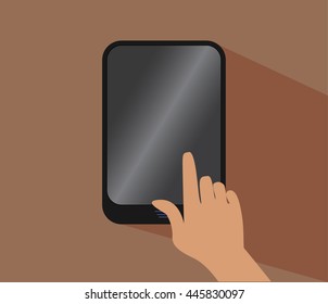the concept of mobile gadget on a brown background. vector hand is pressesing the button 