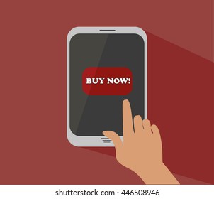 the concept of mobile gadget on a red background. vector hand is pressesing the button "buy now!"