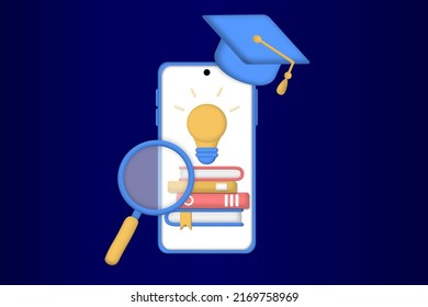 Concept of mobile learning, e-learning, library, e-book, classroom, tutorial and online courses application. Online education, university studies and back to school. 3d realistic vector illustration.