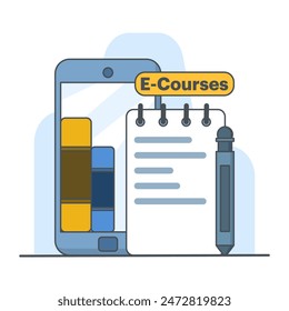 Concept of mobile learning, e-learning and online course application. Education and back to school. Notebook, Hand Phone With Pencil Cartoon Vector Icon Illustration. Education Vector Concept.