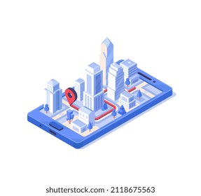 Concept of mobile navigation. City map with the specified address. Mark for fast delivery. GPS system and outdoor orientation. Gadgets and modern technologies. Volumetric vector illustration