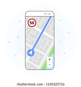 Concept of mobile navigation. Smartphone with map navigation app, speed limit sign and location symbol on screen. Hand drawn style, vector illustration, white background.