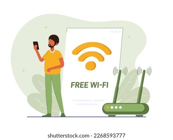 Concept of mobile network, wireless Internet connection technology. Wifi illustration. People use device to connect Internet network Modern colorful flat vector illustration for poster, banner.
