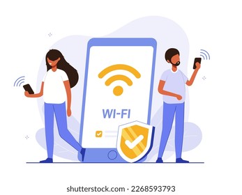 Concept of mobile network, wireless Internet connection technology. Wifi illustration. People use device to connect Internet network Modern colorful flat vector illustration for poster, banner.