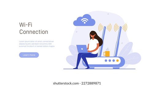 Concept of mobile network, wireless Internet connection technology. Wifi illustration. People use device to connect Internet network Modern colorful flat vector illustration for poster, banner.