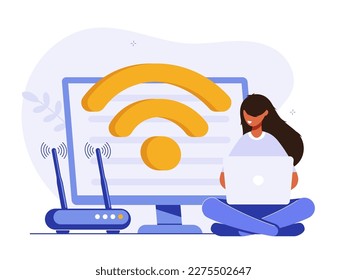 Concept of mobile network, wireless Internet connection technology. Wifi illustration. People use device to connect Internet network Modern colorful flat vector illustration for poster, banner.