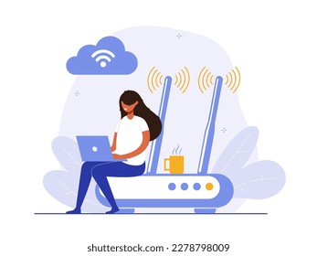 Concept of mobile network, wireless Internet connection technology. Wifi illustration. People use device to connect Internet network Modern colorful flat vector illustration for poster, banner.