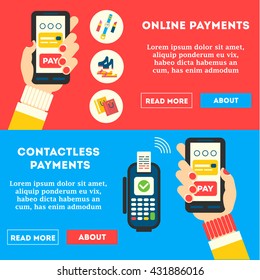 The concept for mobile online and contactless payments: woman hand with smartphone and the wish list of purchases and POS terminal. Flat. Vector illustration. Text can be easily removed.  