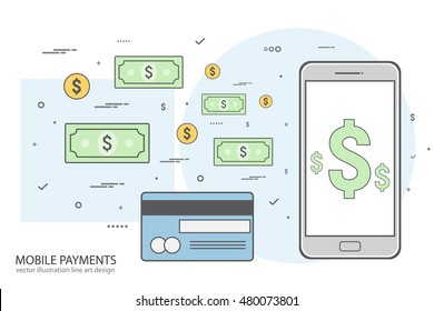 Concept mobile and online payments. E-commerce concept. Web banners. Line art design. Vector illustration