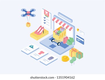 concept of mobile Online Shopping, and cart, bag, Modern Vector illustration for website and mobile website