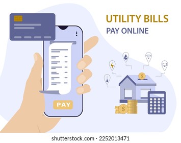 The concept of mobile payment for energy consumption and utilities at home. Illustration of paying the cost of living