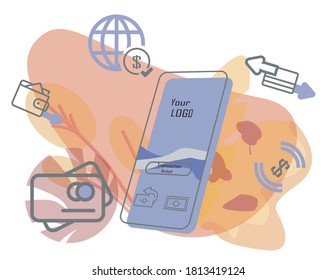 Concept of mobile payments, money transfer. image of the interface of the phone payment system. online banking and money transfer from phone to phone.Phone on a background of autumn.background templat