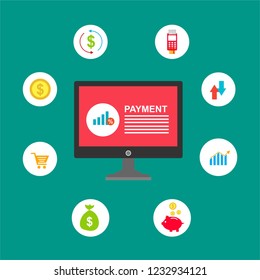 Concept of mobile payments, personal data protection. Transfer money from card. Computer and bank card isolated on colored background. Vector illustration.