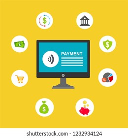 Concept of mobile payments, personal data protection. Transfer money from card. Computer and bank card isolated on colored background. Vector illustration.
