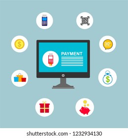Concept of mobile payments, personal data protection. Transfer money from card. Computer and bank card isolated on colored background. Vector illustration.