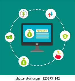 Concept of mobile payments, personal data protection. Transfer money from card. Computer and bank card isolated on colored background. Vector illustration.
