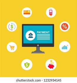 Concept of mobile payments, personal data protection. Transfer money from card. Computer and bank card isolated on colored background. Vector illustration.