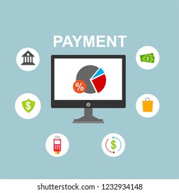 Concept of mobile payments, personal data protection. Transfer money from card. Computer and bank card isolated on colored background. Vector illustration.