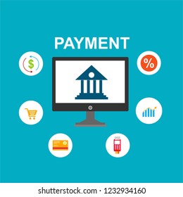 Concept of mobile payments, personal data protection. Transfer money from card. Computer and bank card isolated on colored background. Vector illustration.