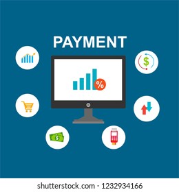 Concept of mobile payments, personal data protection. Transfer money from card. Computer and bank card isolated on colored background. Vector illustration.