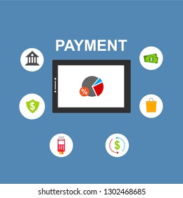 Concept of mobile payments, personal data protection. Transfer money from card. Computer and bank card isolated on colored background. Vector illustration.