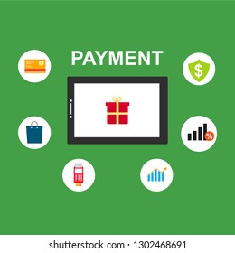 Concept of mobile payments, personal data protection. Transfer money from card. Computer and bank card isolated on colored background. Vector illustration.