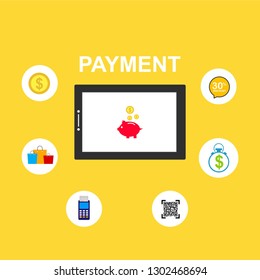 Concept of mobile payments, personal data protection. Transfer money from card. Computer and bank card isolated on colored background. Vector illustration.