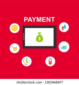 Concept of mobile payments, personal data protection. Transfer money from card. Computer and bank card isolated on colored background. Vector illustration.