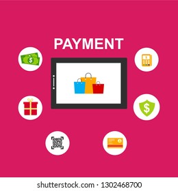 Concept of mobile payments, personal data protection. Transfer money from card. Computer and bank card isolated on colored background. Vector illustration.