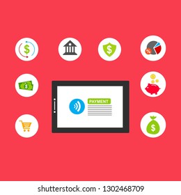 Concept of mobile payments, personal data protection. Transfer money from card. Computer and bank card isolated on colored background. Vector illustration.