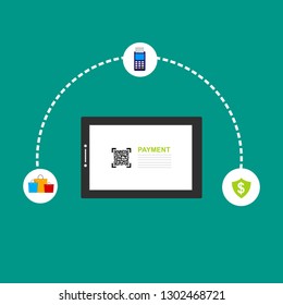 Concept of mobile payments, personal data protection. Transfer money from card. Computer and bank card isolated on colored background. Vector illustration.