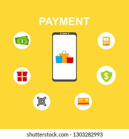 Concept of mobile payments, personal data protection. Transfer money from card. Computer and bank card isolated on colored background. Vector illustration.