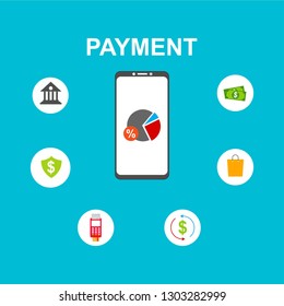 Concept of mobile payments, personal data protection. Transfer money from card. Computer and bank card isolated on colored background. Vector illustration.