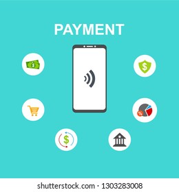 Concept of mobile payments, personal data protection. Transfer money from card. Computer and bank card isolated on colored background. Vector illustration.