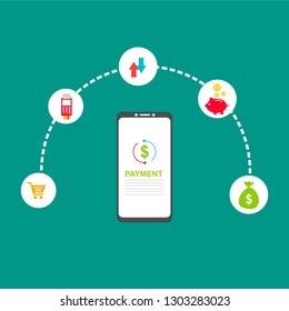 Concept of mobile payments, personal data protection. Transfer money from card. Computer and bank card isolated on colored background. Vector illustration.