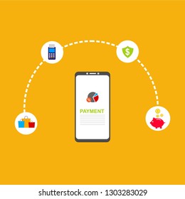 Concept of mobile payments, personal data protection. Transfer money from card. Computer and bank card isolated on colored background. Vector illustration.