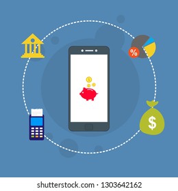 Concept of mobile payments, personal data protection. Transfer money from card. Computer and bank card isolated on colored background. Vector illustration.