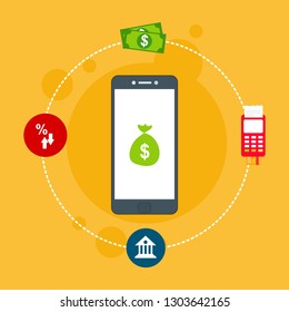 Concept of mobile payments, personal data protection. Transfer money from card. Computer and bank card isolated on colored background. Vector illustration.