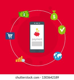 Concept of mobile payments, personal data protection. Transfer money from card. Computer and bank card isolated on colored background. Vector illustration.