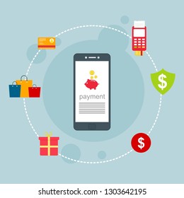 Concept of mobile payments, personal data protection. Transfer money from card. Computer and bank card isolated on colored background. Vector illustration.