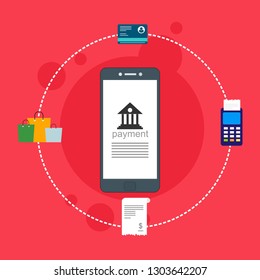 Concept of mobile payments, personal data protection. Transfer money from card. Computer and bank card isolated on colored background. Vector illustration.
