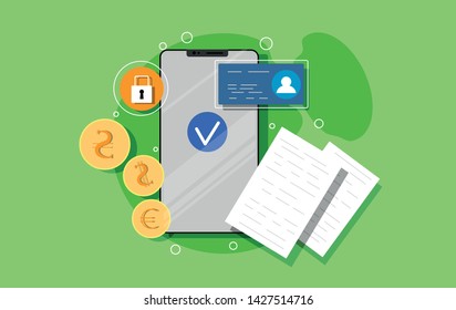 Concept of mobile payments, personal data protection. Transfer money from card. Cryptocurrency and blockchain. Vector illustration. 
Bank card design.