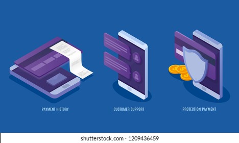 Concept mobile payments services. Financial protection data, credit cards and accounts. Money transaction, business, customer support. Vector 3d isometric illustration.