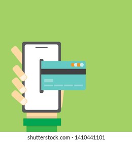 Concept of mobile payments, Transfer money from smartphone with bank card.